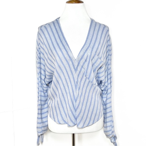Free People Tie Sleeve Blue White Pinstripe V Neck Dolman Long Sleeve Top - Picture 14 of 16